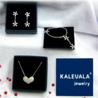 A silver necklace, bracelet, and a pair of earrings
