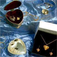 Heart-themed necklaces, earrings, jewelry boxes, decorations and, and a key ring