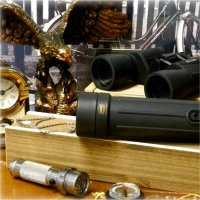 Different kinds of outdoor-themed products such as a pair of binoculars and a telescope, earrings, a watch, a flash light, a compass, a clock, and a statue of an eagle